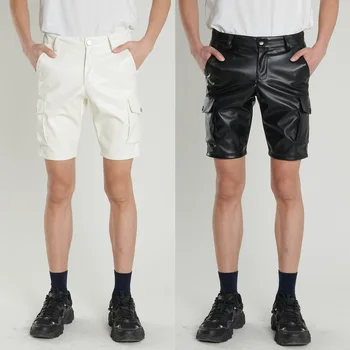 Летние тонкие молодежные кожаные брюки с перекрестной каймой, мужские стрейчевые белые черные кожаные брюки, мужские модные шорты, пять брюк