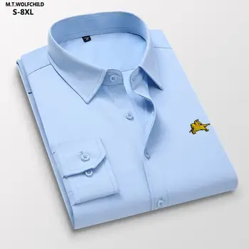 S-8XL Высококачественная Классическая Мужская Блузка с однотонной вышивкой и Логотипом, Мужская Рубашка с Длинным рукавом, Деловые Мужские Рубашки, Облегающая Одежда, Топы