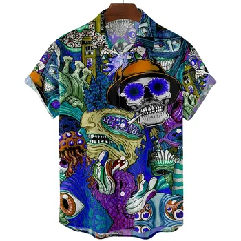 Гавайская рубашка с лацканами и 3D принтом черепа 2022, свободные дышащие мужские рубашки, повседневная модная мужская одежда с коротким рукавом, уличная рубашка