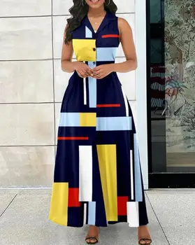 Женское платье Макси на пуговицах Модная повседневная одежда с геометрическим принтом 2023 Летние Элегантные расклешенные платья для поездок на работу