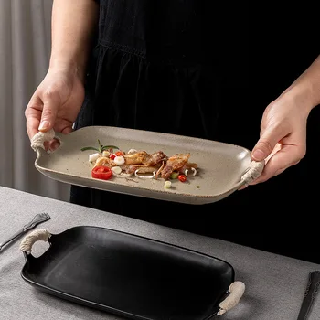 японская посуда 10 дюймов, керамические обеденные тарелки, рыбная тарелка с двойной ручкой, прямоугольная ретро-керамическая матовая тарелка для суши