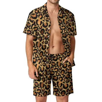 Новые Мужские Гавайские Комплекты, Летние Пляжные Рубашки с Леопардовым Принтом и 3D Принтом, Шорты с коротким рукавом, Повседневный Мужской Костюм из 2 предметов, S-4XL
