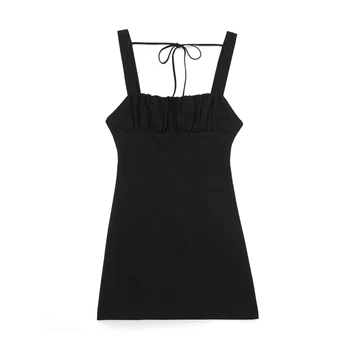 Летнее Новое черное короткое льняное платье без рукавов с воротником в одно слово, сексуальная юбка на подтяжках для самосовершенствования с открытой спиной
