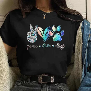 Женская футболка с принтом Собак Peace Love, Модная Винтажная футболка с графическим Принтом, Забавная футболка в стиле Харадзюку, Летняя футболка, Женские Топы