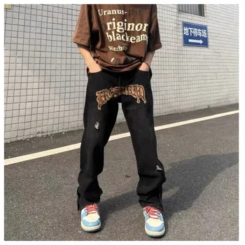 Джинсы С вышивкой, Прямые Мешковатые Мужские Модные Брюки Harajuku в стиле Панк с вышивкой, Уличная одежда Оверсайз Y2k, черные Модные мужские Брюки в стиле хип-хоп