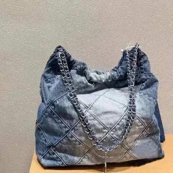 Модная мягкая джинсовая сумка, Роскошная дизайнерская сумка-тоут для женщин, сумка на цепочках, Женская Большая сумка через плечо, Женские синие джинсовые кошельки