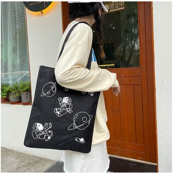 Женская сумка для покупок Большой емкости, универсальная сумка с мультяшным рисунком, Складная многоразовая тканевая сумка для покупок, студенческая холщовая сумка-тоут