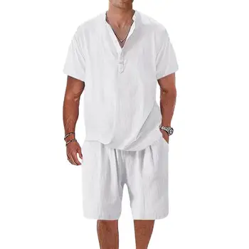 Мужская Свободная рубашка, Шорты, комплект спортивной одежды из 2 предметов, топы с V-образным вырезом и широкими штанинами на лето