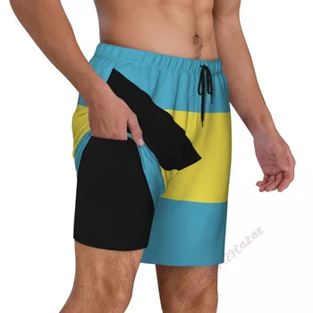 Мужские плавки с 3D рисунком Флага Багамских островов С компрессионной подкладкой 2 в 1, быстросохнущие летние шорты для плавания с карманами