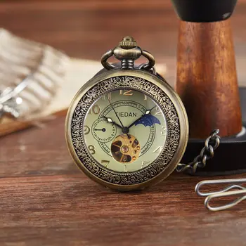 TIEDAN Роскошные карманные часы с бронзовым Скелетом в стиле Ретро, Механические карманные часы с скелетом, Мужские цепочки и Ожерелья, Деловые карманные часы с брелоком