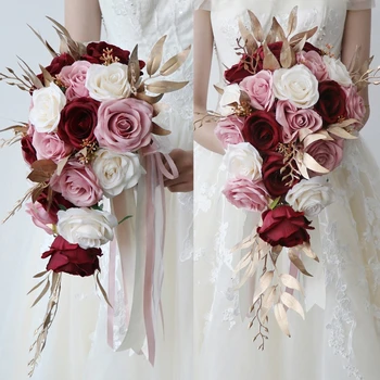 Европейский Свадебный Каскадный Букет Невесты Водопад Искусственный Цветок с Листьями, ручка из ленты для центральной вечеринки