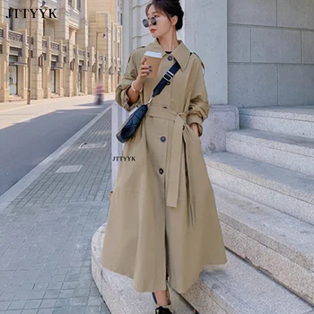 Весенний Длинный тренчкот для женщин, Элегантное корейское модное пальто, Женская ветровка, Однобортная куртка с поясом, новинка 2023 года
