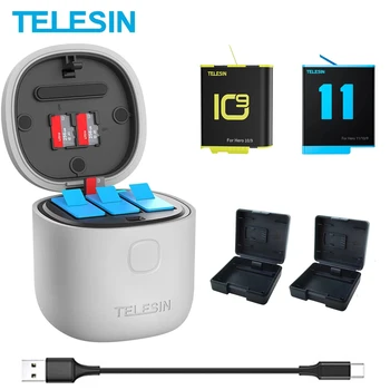 Аккумулятор TELESIN 1750 мАч для GoPro Hero 10 9 11 3-Полосное светодиодное Зарядное Устройство TF-карта Для Хранения Аккумуляторов Go Pro 9 10 11 Черный
