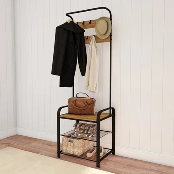 Скамейка для прихожей с вешалкой для одежды – Металлическое дерево для прихожей с сиденьем, крючками и местом для хранения обуви, 24,00x18,00x73,00 дюймов