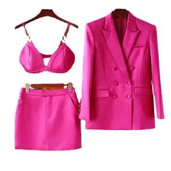 Модная розово-красная юбка, офисный двубортный блейзер с лацканами, пальто Свободного кроя, Сексуальный камзол, сумка на высокой талии, юбка на бедрах, Женская