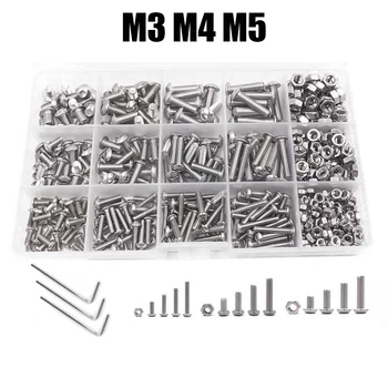 500шт Набор винтов с шестигранной головкой M3 M4 M5 с шестигранной головкой из нержавеющей Стали, комплект винтов с плоской круглой головкой, болты и гайки, набор шестигранных болтов