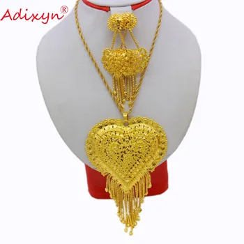 Adixyn Золотое Ожерелье с Сердечком/Кулон/Серьги, Индийский Ювелирный Набор, Роскошные Арабские Африканские Подарки Для Свадебной вечеринки, Бесплатная коробка N12173