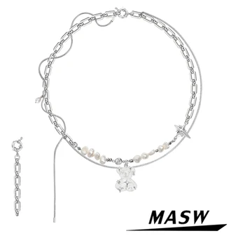 MASW, оригинальный дизайн, ожерелье с подвеской в виде маленького Медведя, Крутые ювелирные изделия, Горячая распродажа, Жемчуг, Высококачественная Латунная металлическая цепочка, Ожерелье для женщин