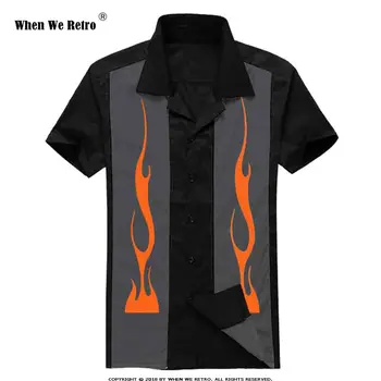 Когда мы Ретро Мужские Топы с коротким рукавом в стиле пэчворк, принт пламени, панк, хип-хоп, Винтажная Черная мужская рубашка ST107, сорочка homme