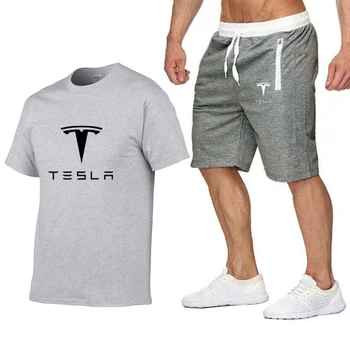 Мужская Летняя футболка с логотипом автомобиля Tesla с коротким рукавом, футболка в стиле хип-хоп в стиле Харадзюку, высококачественные хлопчатобумажные футболки, брючный костюм, спортивная одежда