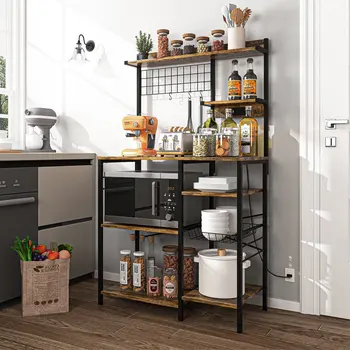 Универсальный кухонный стеллаж для хранения, Кухонная стойка для выпечки с розеткой, Подставка для хранения, Кофейная стойка, коричневый в деревенском стиле