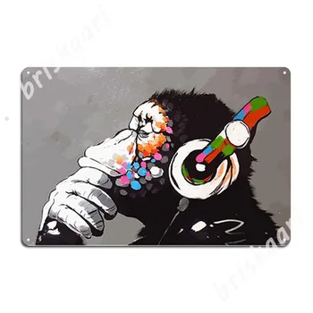 Banksy Dj Monkey Thinker с наушниками Металлические вывески Кухня паба Классические тарелки Жестяные вывески Плакаты