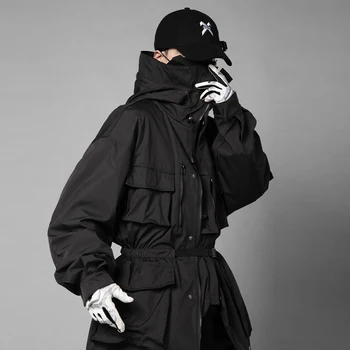 Весенняя новая Черная куртка на талии 2023, Мужская Свободная Повседневная куртка-карго с объемными карманами #003