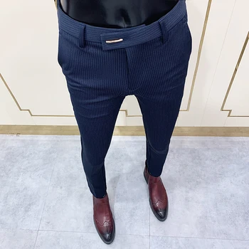 Модные Костюмные брюки в полоску, мужские приталенные брюки в обтяжку по щиколотку, Мужские офисные брюки для вечеринок, Мужские деловые приталенные модельные брюки