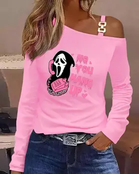 Женская футболка с открытыми плечами в стиле Коммутирующих поездок на Хэллоуин, Плавящийся Топ с длинными рукавами без висящего рисунка, Новинка 2023, Горячая распродажа