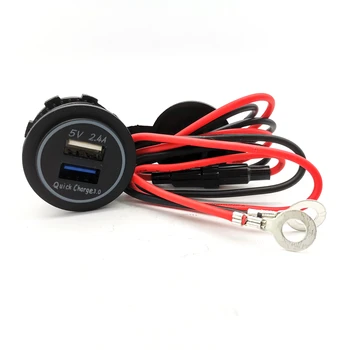 Двойное автомобильное зарядное устройство USB Auto 2.4A Dash Power Socket Быстрая зарядка 3.0 синий светодиодный кабель