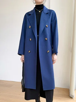 2023 Осенне-Зимнее Новое Женское пальто Water Ripple из 100% чистой шерсти, шерстяное пальто Модного Синего цвета Klein, Модное женское пальто