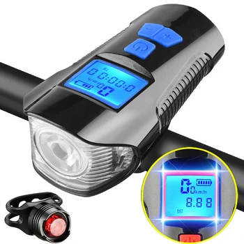 USB Перезаряжаемая Велосипедная фара, задний фонарь с клаксоном, Спидометр, Одометр, задний фонарь Велосипеда, подходит для всех горных и дорожных велосипедов