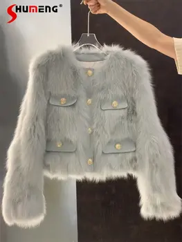 Новая модная высококачественная серая шуба из искусственного лисьего меха в классическом стиле, Женская осенне-зимняя элегантная простая однотонная укороченная меховая куртка