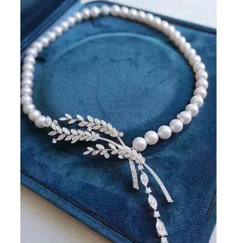 ожерелье из пресноводного жемчуга белого цвета почти круглой формы 9-10 мм + подвеска с белым цирконом оптом натуральные бусины