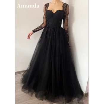 Роскошное платье Amanda с кружевным рукавом Vestido De Novia, готическое черное платье трапециевидной формы с кружевной вышивкой, платье для выпускного вечера в стиле милой فستاناهرة