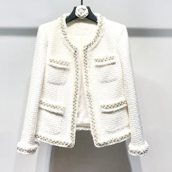 Белая твидовая женская куртка с бусинами ручной работы, весенне-осенне-зимнее шерстяное пальто, новая шерстяная классическая женская куртка