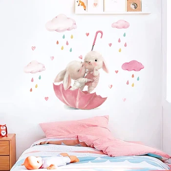 Акварельно-розовый зонтик с 2 наклейками на стену в виде кролика, Сердечки, наклейки на стены детской комнаты, Детские Украшения для дома, фрески ПВХ