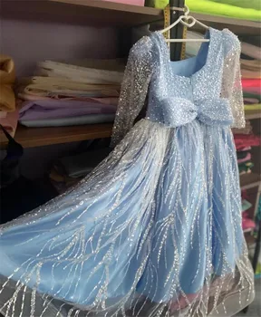 Красивое синее платье с цветочным узором для девочек, детские платья Принцессы с длинным рукавом и квадратным вырезом, праздничная фотография