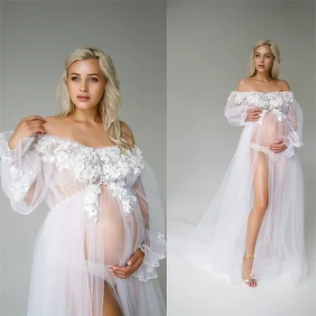 Белые тюлевые свадебные платья для беременных для фотосессии беременных, 3D бусины с цветочной аппликацией, длинные рукава, Сшитое на заказ Женское платье для выпускного вечера