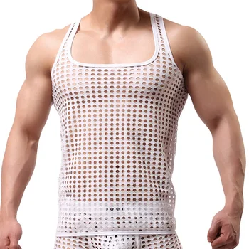 LOSIBUDSA/ Мужские Сексуальные майки в сеточку без рукавов с квадратным вырезом, облегающие прозрачные футболки для мышц