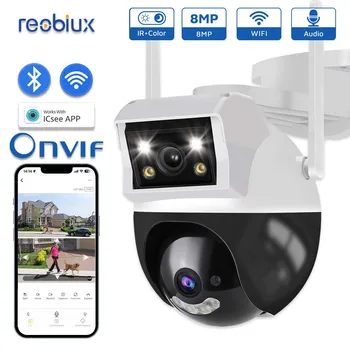 Reobiux Wifi PTZ-камера 8MP с Двойным экраном 3,6 мм + 6 мм IP-камера Наружного Наблюдения H.265 с Двумя Объективами, Камера для защиты безопасности