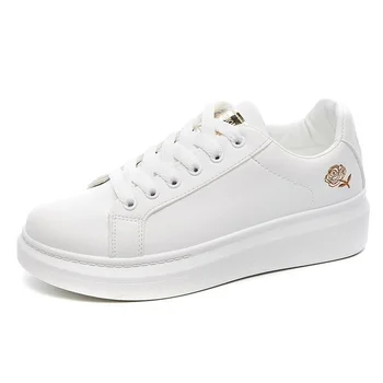 Женская повседневная обувь, Весенне-осенние кроссовки, Модные белые дышащие теннисные туфли на шнуровке с вышитыми цветами