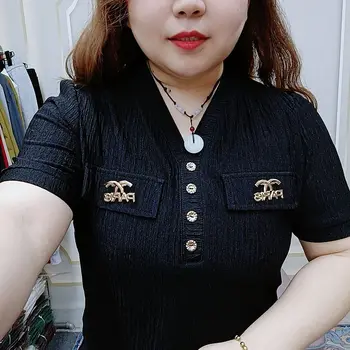Женская одежда, корейская модная однотонная футболка с V-образным вырезом, офисные женские летние Элегантные Свободные шикарные пуловеры