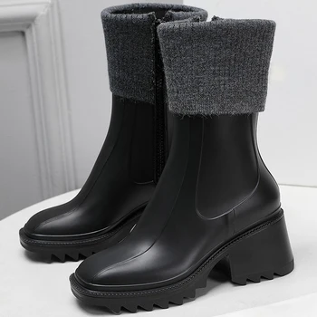 Высококачественные непромокаемые ботинки, осень 2023, Новый дизайн на молнии, Нескользящие женские ботинки с увеличением высоты, водонепроницаемая женская обувь на толстой подошве