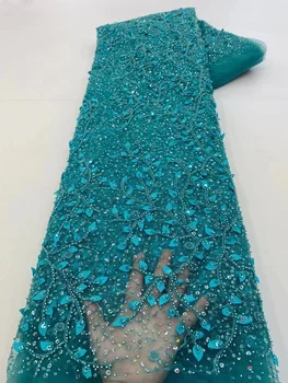 2023 Синяя Высококачественная Африканская Нигерийская 3D Цветочная Ткань Для Свадьбы С Бисером И Пайетками, Вышивка Жениха, Французские Кружевные Ткани, Шитье