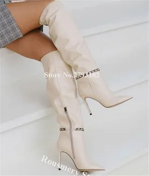 Фирменный дизайн Женские Модные сапоги до колена с острым носком, украшенные цепочками, Бежевые Черные Сапоги на длинном высоком каблуке, Клубная обувь