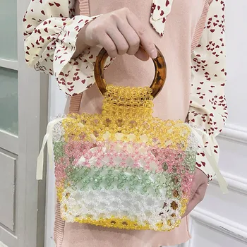 Красочная женская сумка из акрилового бисера 2023, модная ручная сумочка с круглой ручкой, тканая сумка из бисера