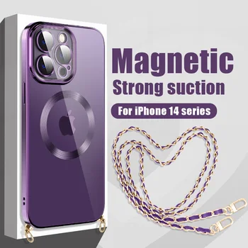 Магнитный Чехол Для Беспроводной зарядки Magsafe с Покрытием На Шнурке Для iPhone 14 13 12 Pro Max 11 Защита Объектива Прозрачная Задняя Мягкая Крышка