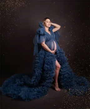 Темно-синие Платья для беременных для Фотосессии, Халат, Сексуальный V-образный Вырез, Без Рукавов, Пышная Сетка, Детский Душ Для Беременных, Платье для Выпускного Вечера На Заказ