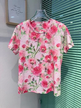 Модная Уличная Женская хлопковая футболка с элегантным цветочным принтом, Женские топы, Летние сладости, повседневные ноутбуки